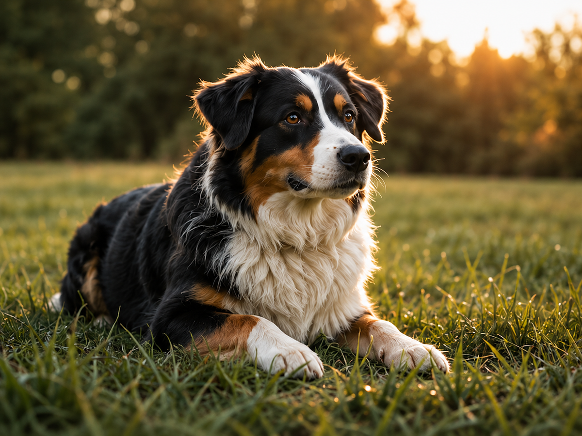 Australian shepherd resting in the grass