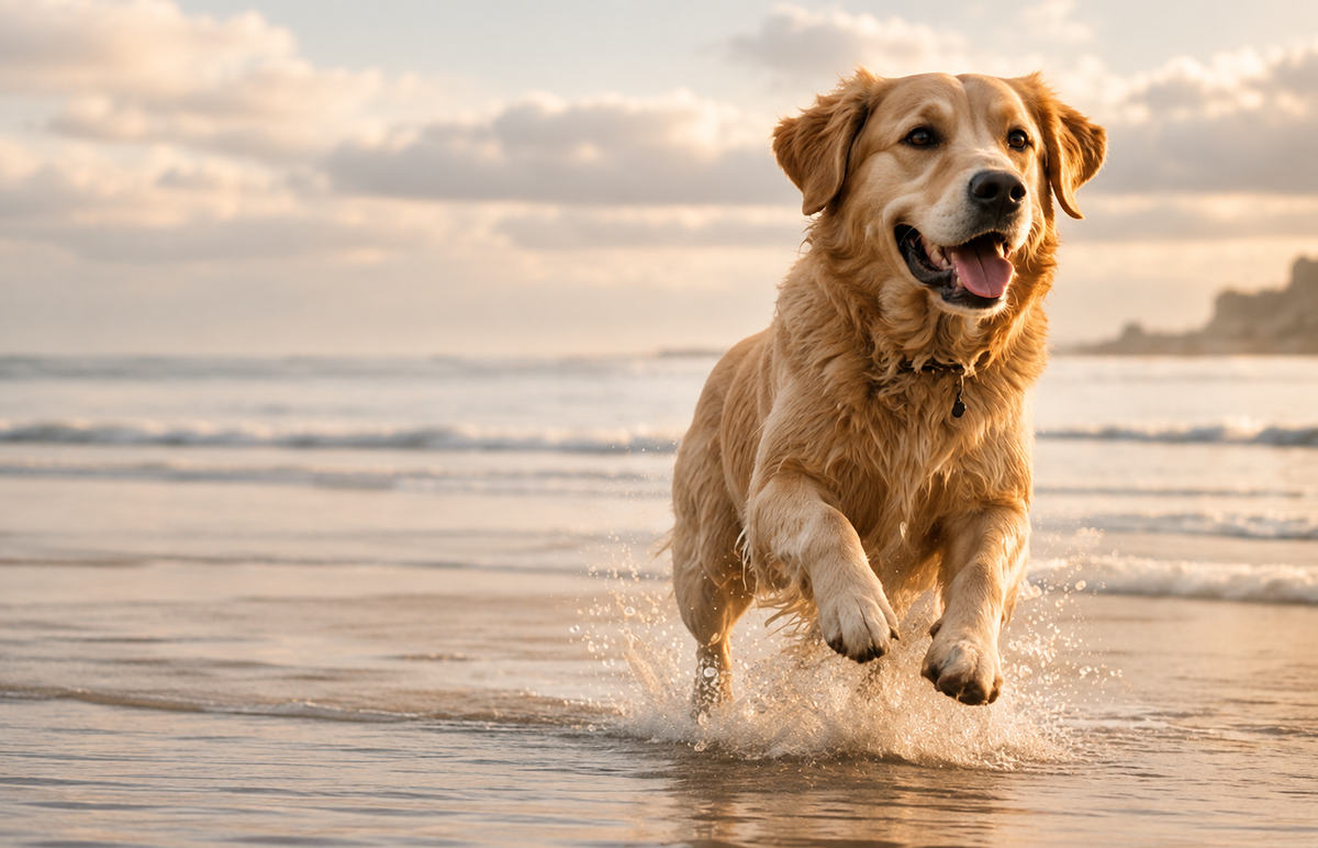 Golden retriever running on a beach