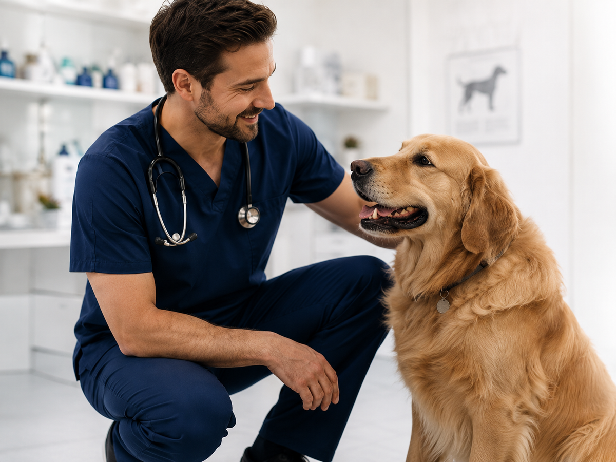 Veterinary professional caring for a dog